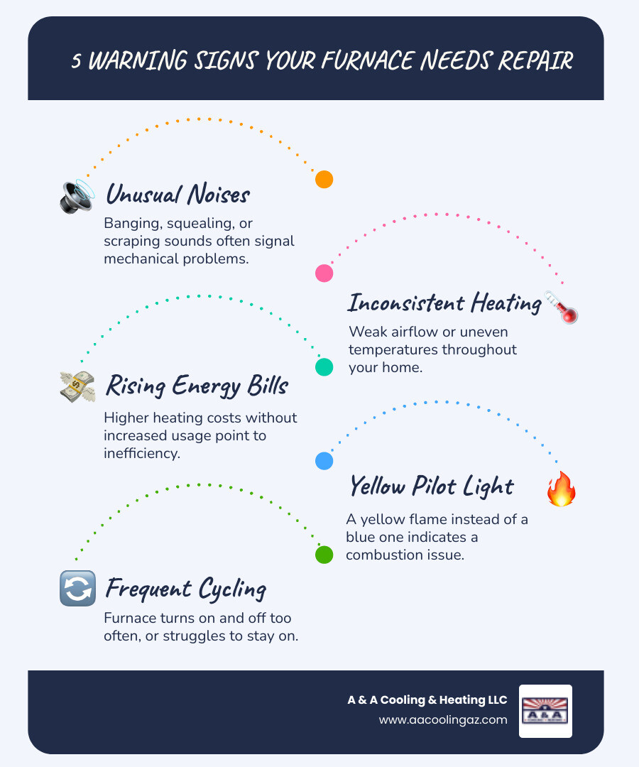 infographic showing 5 warning signs your furnace needs immediate repair: unusual noises, weak heat output, yellow pilot light, rising energy bills, and frequent on-off cycling - furnace repair gilbert az infographic infographic-line-5-steps-blues-accent_colors infographic showing 5 warning signs your furnace needs immediate repair: unusual noises, weak heat output, yellow pilot light, rising energy bills, and frequent on-off cycling - furnace repair gilbert az infographic infographic-line-5-steps-blues-accent_colors