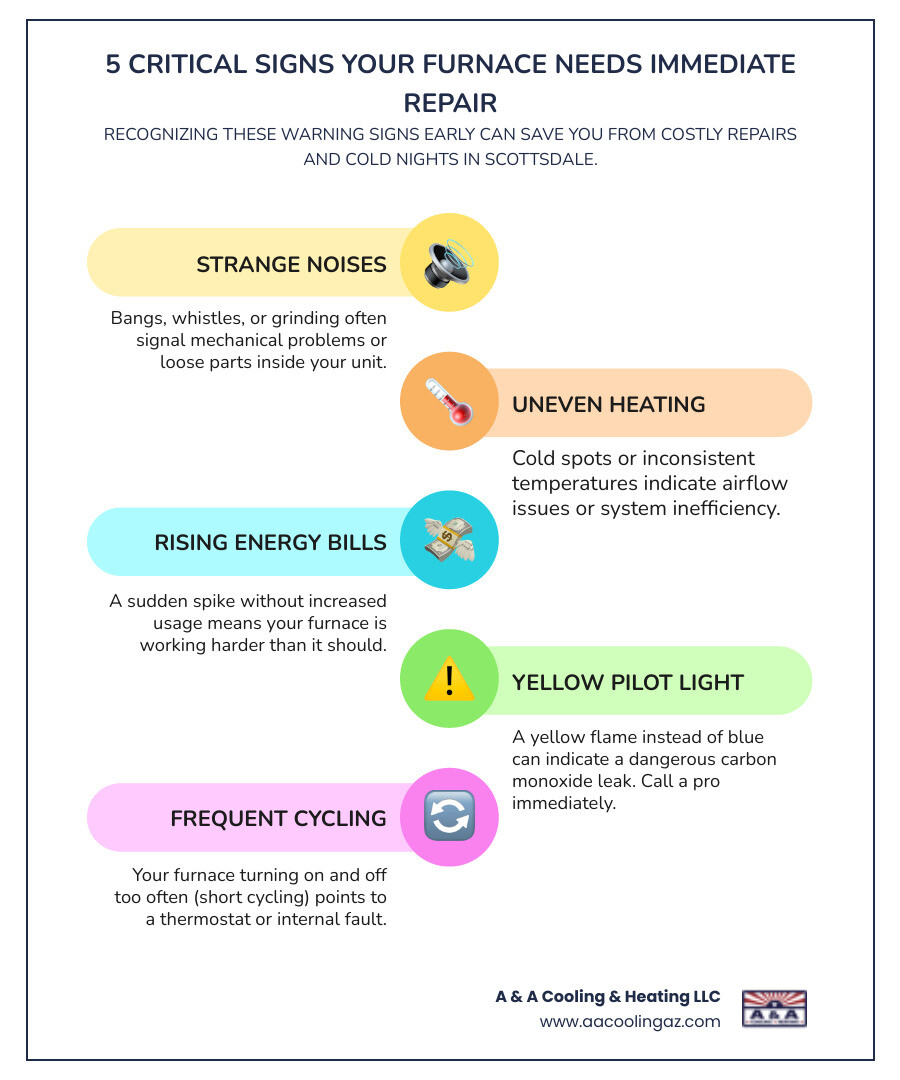 Infographic showing 5 critical signs your furnace needs immediate professional repair: 1. Strange noises like banging, whistling, or grinding sounds; 2. Uneven heating or cold spots throughout your home; 3. Sudden spike in utility bills without increased usage; 4. Yellow pilot light flame instead of blue; 5. Frequent cycling on and off. Each sign includes a small icon and brief explanation of why it indicates a serious issue requiring professional attention. - furnace repair scottsdale az infographic infographic-line-5-steps-colors Infographic showing 5 critical signs your furnace needs immediate professional repair: 1. Strange noises like banging, whistling, or grinding sounds; 2. Uneven heating or cold spots throughout your home; 3. Sudden spike in utility bills without increased usage; 4. Yellow pilot light flame instead of blue; 5. Frequent cycling on and off. Each sign includes a small icon and brief explanation of why it indicates a serious issue requiring professional attention. - furnace repair scottsdale az infographic infographic-line-5-steps-colors