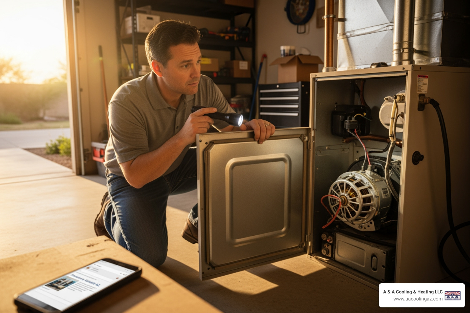 Infographic showing how a furnace blower motor works: Air is drawn from return vents through the furnace filter, heated by the heat exchanger, then pushed by the blower motor fan through supply ducts to warm rooms throughout the home. Key components labeled include the blower motor, fan wheel, ductwork system, and thermostat control. - "I think my furnace's blower motor is broken. Who can I call for a blower motor replacement in Gilbert?"