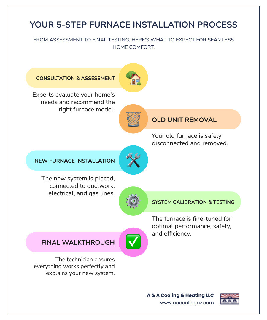 Infographic illustrating the typical 5-step furnace installation process: 1. Home Assessment & Recommendation, 2. Safe Removal of Old Unit, 3. Expert Installation of New Furnace, 4. System Calibration & Testing, and 5. Final Review & Explanation. - furnace installation gilbert az infographic infographic-line-5-steps-colors