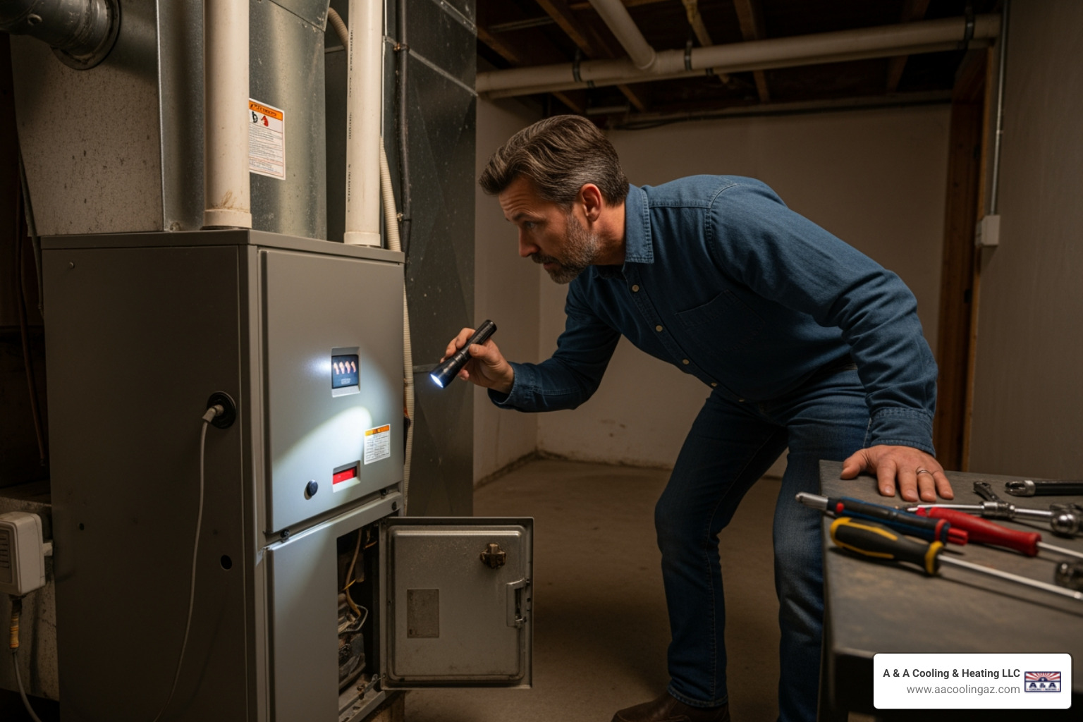 Infographic showing five critical furnace warning signs: 1) Strange banging or rattling noises indicating loose parts, 2) Uneven heating with cold spots throughout the home, 3) Yellow or flickering pilot light suggesting combustion issues, 4) Sudden spike in energy bills pointing to inefficiency, 5) Frequent cycling on and off indicating system strain. Each warning sign includes a simple icon and brief explanation of the potential problem. - furnace repair apache junction az