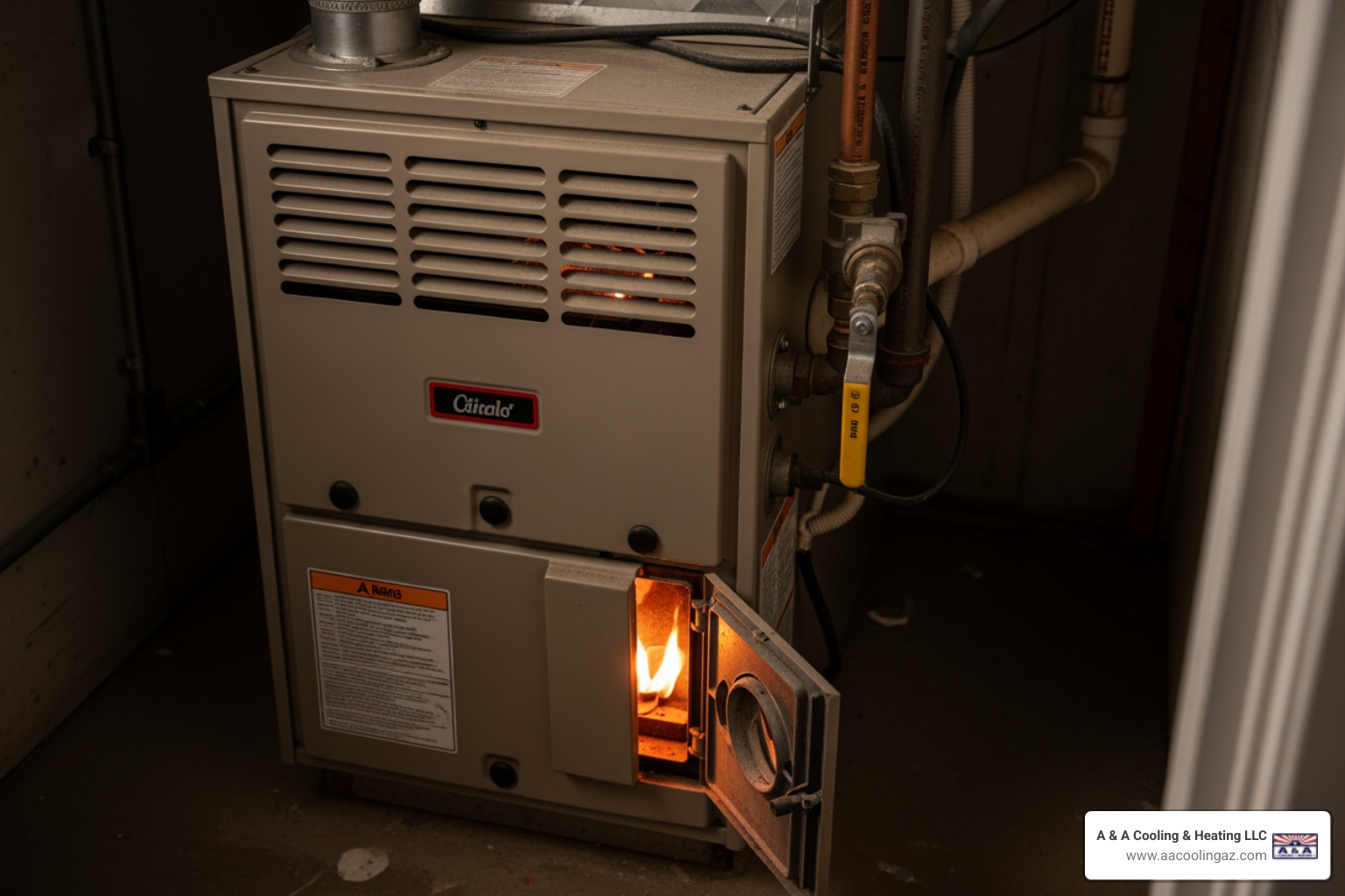 Infographic showing the top 5 warning signs a furnace needs repair: 1. Strange grinding or banging noises, 2. Yellow or flickering pilot light instead of blue, 3. Rooms heating unevenly or cold spots, 4. Energy bills increasing by 15% or more, 5. Furnace turning on and off frequently - furnace repair in chandler, az