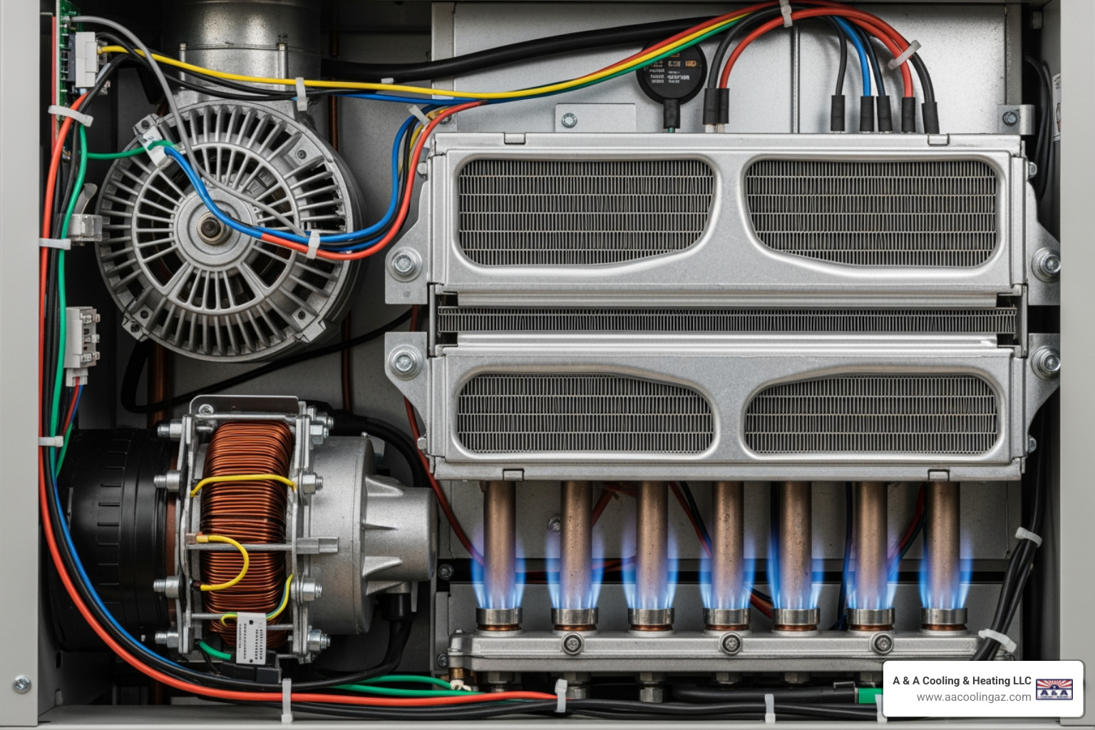 Infographic showing the basic components and function of a home furnace system, including the thermostat, burners, heat exchanger, blower motor, air filter, and ductwork, with arrows indicating airflow and heating process - furnace repair tempe az