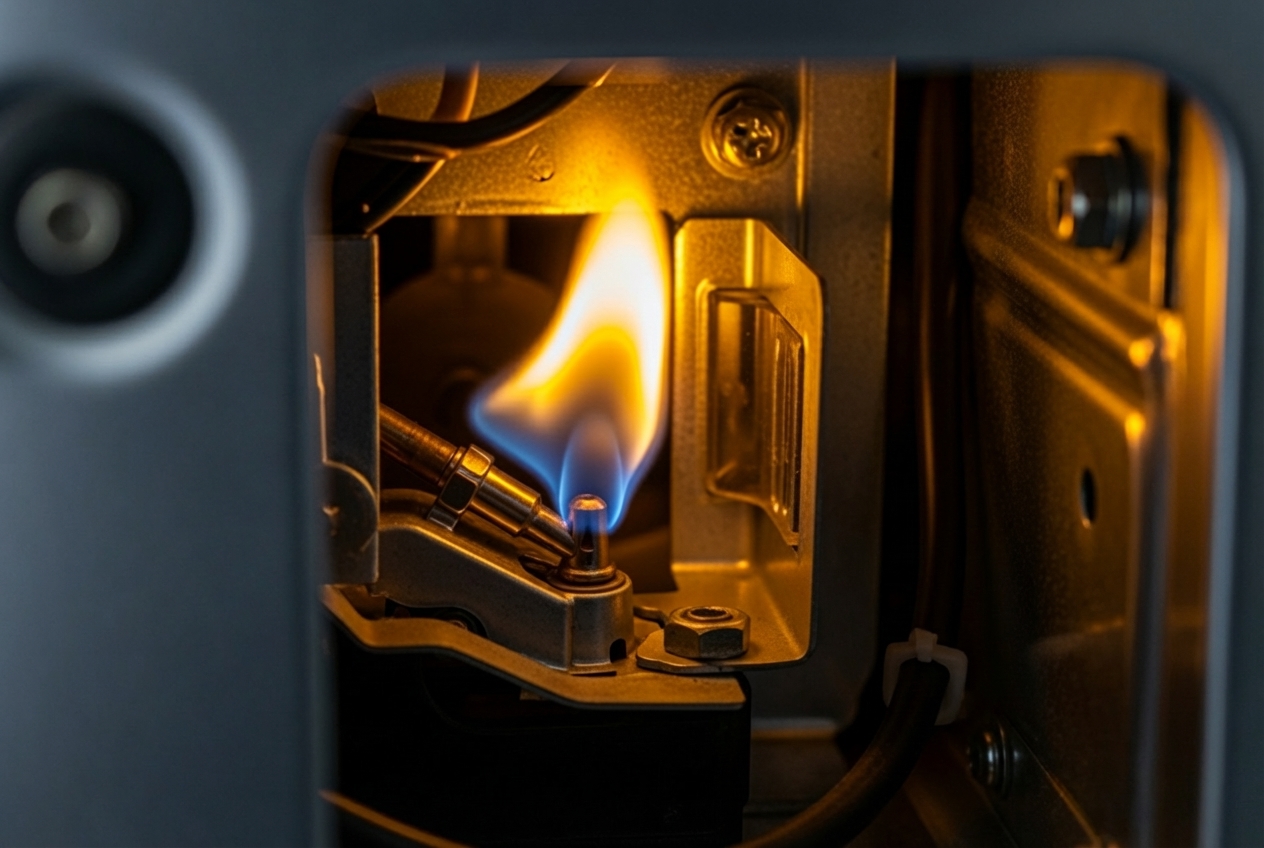 Infographic showing 5 critical furnace emergency warning signs: 1) No heat production with thermostat set correctly, 2) Strong gas or burning odors near the unit, 3) Yellow or flickering pilot light instead of steady blue flame, 4) Loud banging, screeching, or rattling noises, 5) Smoke, sparks, or carbon monoxide detector activation - all requiring immediate professional attention - 24 hour furnace repair in gilbert, az