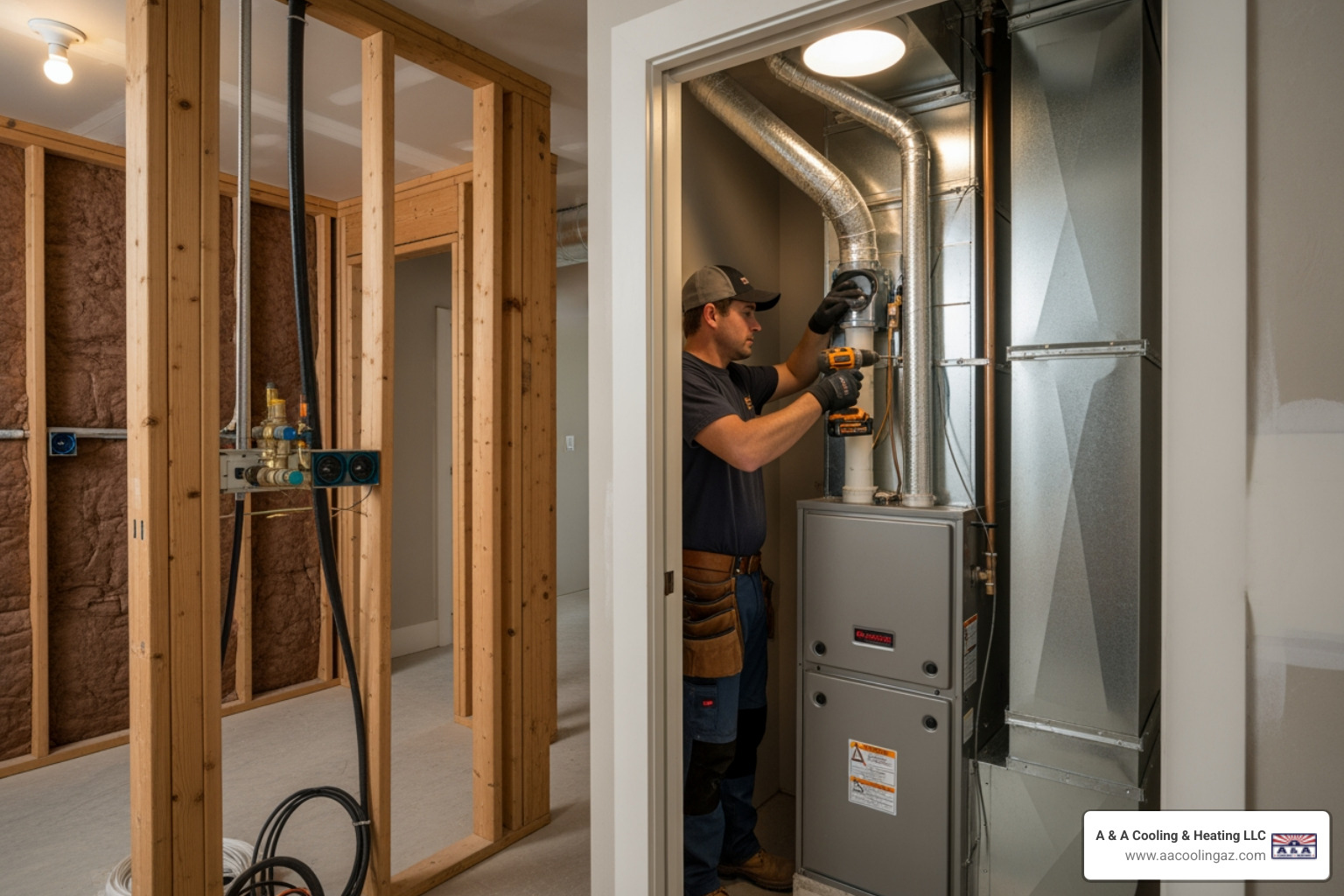 Infographic showing key benefits of new furnace installation including improved energy efficiency, consistent home comfort, reduced monthly bills, enhanced indoor air quality, increased home value, and modern smart technology integration - furnace installation in queen valley, az