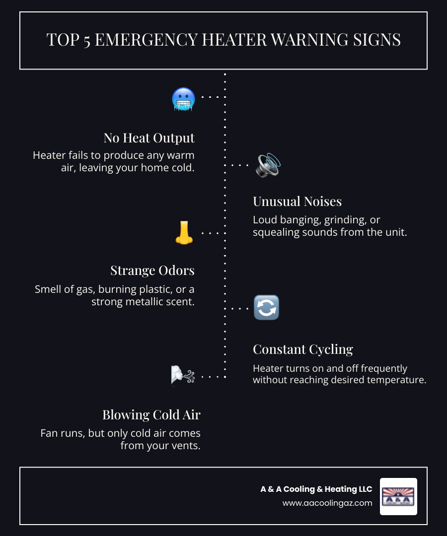 infographic showing the top 5 signs a heater needs emergency repair including no heat production, strange banging or rattling noises, smell of gas or burning, frequent on-off cycling, and blowing cold air instead of warm air - "My heater is broken. Who provides emergency heating service in the Tempe area?" infographic infographic-line-5-steps-dark infographic showing the top 5 signs a heater needs emergency repair including no heat production, strange banging or rattling noises, smell of gas or burning, frequent on-off cycling, and blowing cold air instead of warm air - "My heater is broken. Who provides emergency heating service in the Tempe area?" infographic infographic-line-5-steps-dark