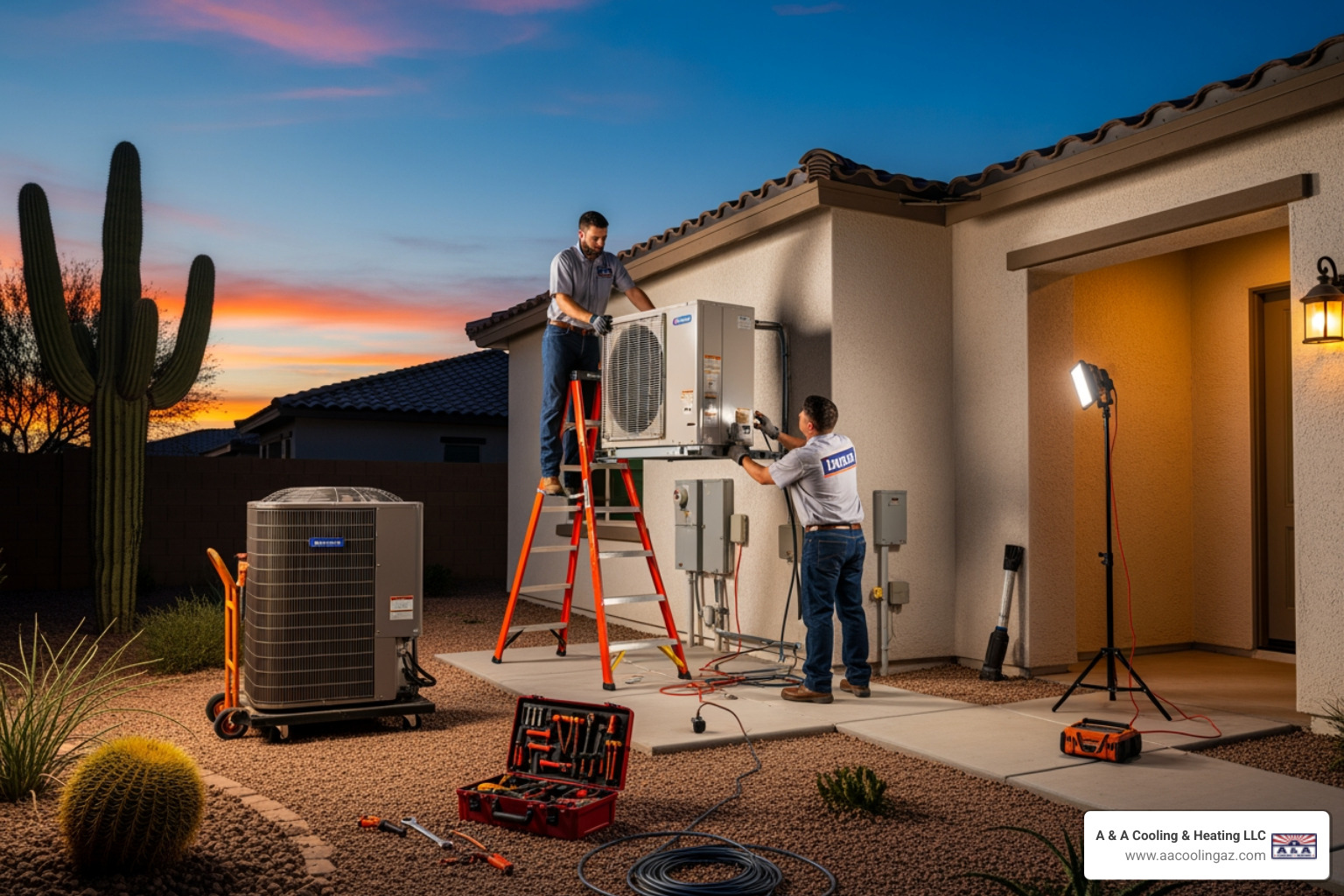 infographic showing the 24-hour heat pump replacement process in Chandler AZ: emergency call received, technician dispatched within 1-2 hours, on-site diagnosis of failed system, consultation on replacement options, safe removal of old unit, professional installation of new heat pump, thorough testing and verification, comfort restored - 24 hour heat pump replacement in chandler, az
