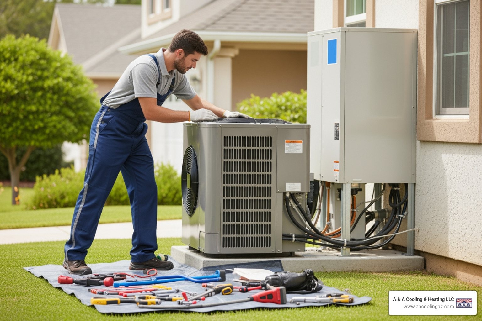 Infographic showing emergency heat pump replacement process: 1) Emergency call received 24/7, 2) Technician dispatched within 60-90 minutes, 3) On-site diagnosis and safety check, 4) Old unit removal, 5) New system installation with proper sizing, 6) Testing and verification of safe operation, 7) Clear documentation and follow-up recommendations - 24 hour heat pump replacement in queen creek, az