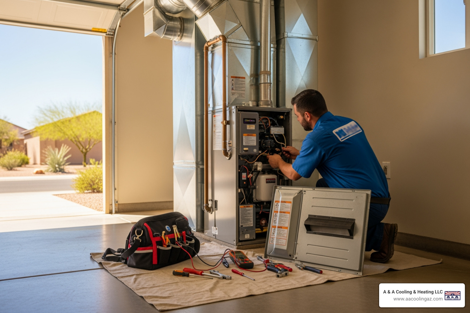 Infographic showing the top 4 benefits of furnace maintenance: Safety through detecting carbon monoxide and gas leaks, Efficiency with clean filters and calibrated thermostats reducing energy costs, Longevity by catching minor issues before major failures, and Savings by preventing costly emergency repairs and extending equipment life - furnace maintenance mesa az