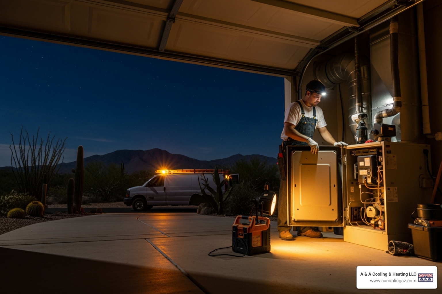 infographic showing five warning signs your furnace needs immediate attention: strange noises like banging or squealing, unusual smells including rotten eggs or burning odors, weak or no airflow from vents, cold spots throughout the home, and the furnace short cycling or turning on and off repeatedly - 24 hour furnace maintenance in queen valley, az