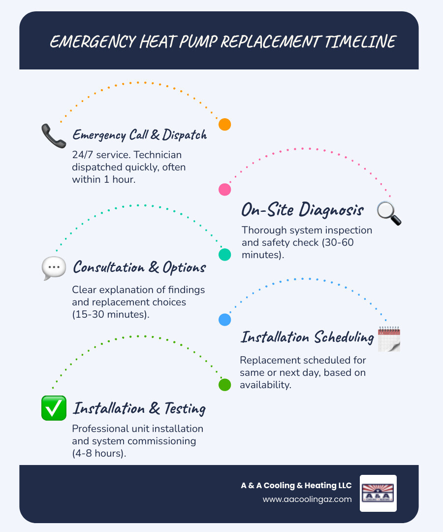 Infographic showing emergency heat pump replacement timeline: Step 1 - Emergency call and dispatch (within 1 hour), Step 2 - On-site diagnosis (30-60 minutes), Step 3 - Consultation and options (15-30 minutes), Step 4 - Installation scheduling (same or next day), Step 5 - Complete installation and testing (4-8 hours) - emergency heat pump replacement in queen valley, az infographic infographic-line-5-steps-blues-accent_colors