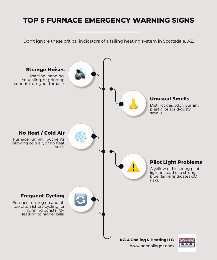 infographic showing five critical furnace emergency warning signs including strange noises like banging or squealing, unusual smells such as gas or burning odors, no heat or cold air from vents, yellow or flickering pilot light indicating carbon monoxide risk, and frequent on-off cycling with rising energy bills - emergency furnace repair in scottsdale, az infographic infographic-line-5-steps-elegant_beige