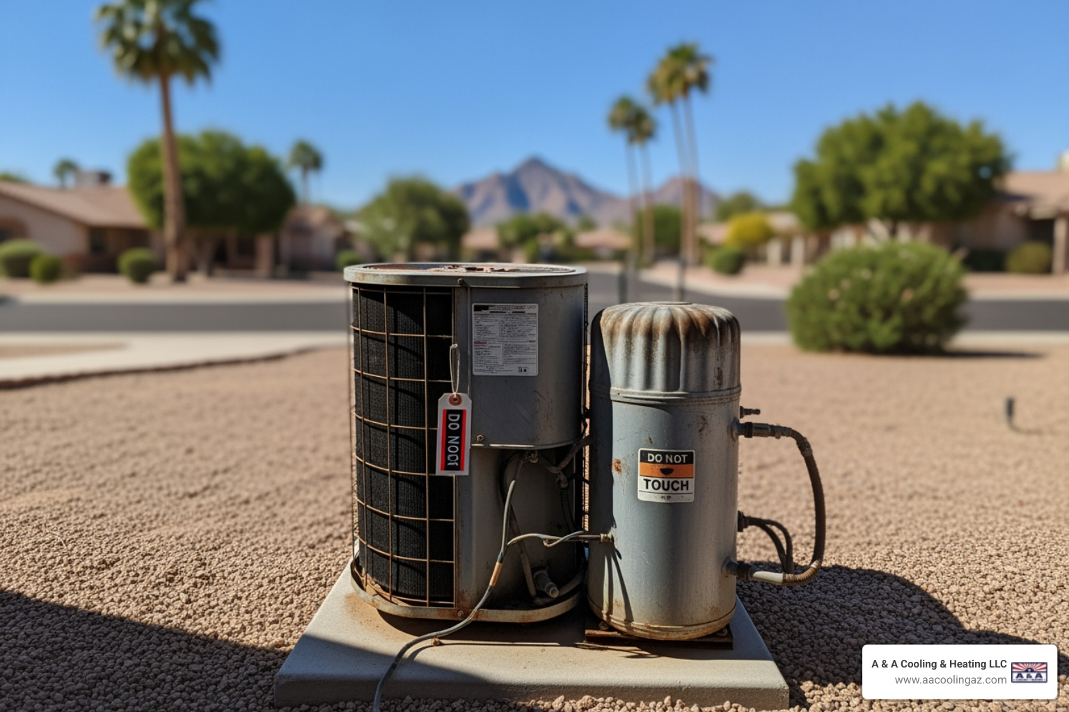 infographic showing the AC compressor cycle with refrigerant flow from indoor coil to outdoor coil, compression process, and heat release in Phoenix climate - "My AC compressor is not working. Who can I call for a repair in Phoenix?"