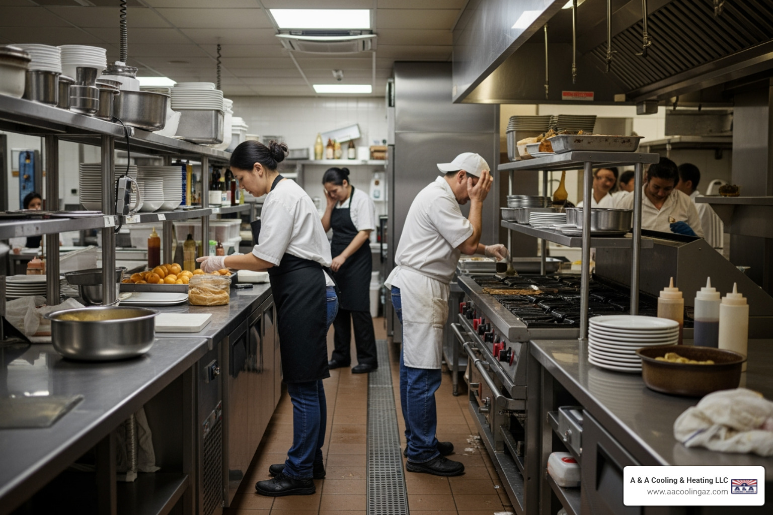 infographic showing the cascading costs of commercial HVAC downtime including lost revenue per hour, employee productivity decline, inventory damage risk, and average response times for emergency service in Queen Creek - 24 hour commercial hvac repair in queen creek, az