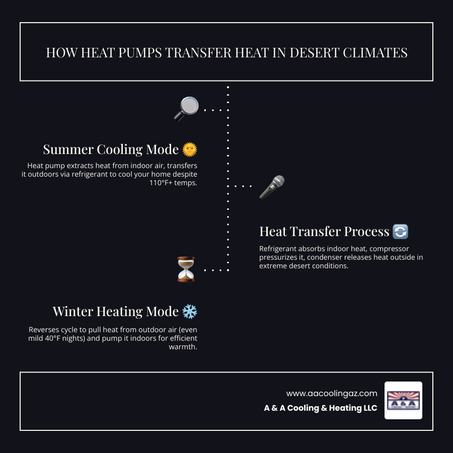Infographic showing how heat pumps transfer heat in Arizona desert environments across summer and winter seasons - heat pump