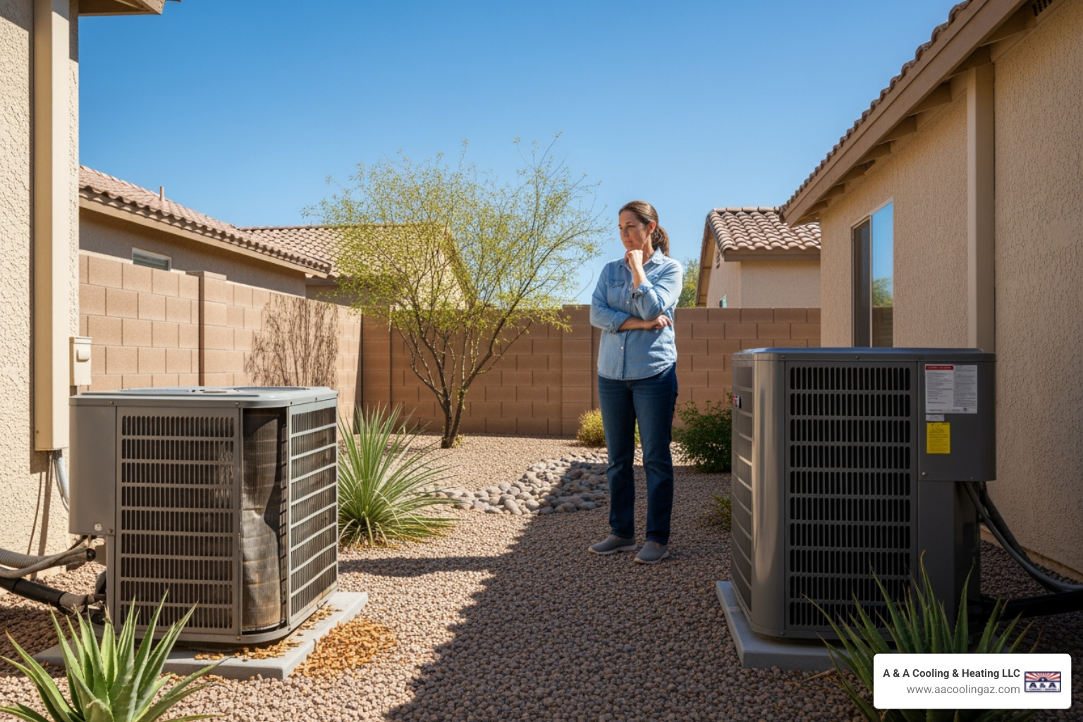 infographic showing repair versus replace decision tree with factors including system age, repair costs, efficiency ratings, and projected energy savings over five years - affordable ac replacement in apache junction, az