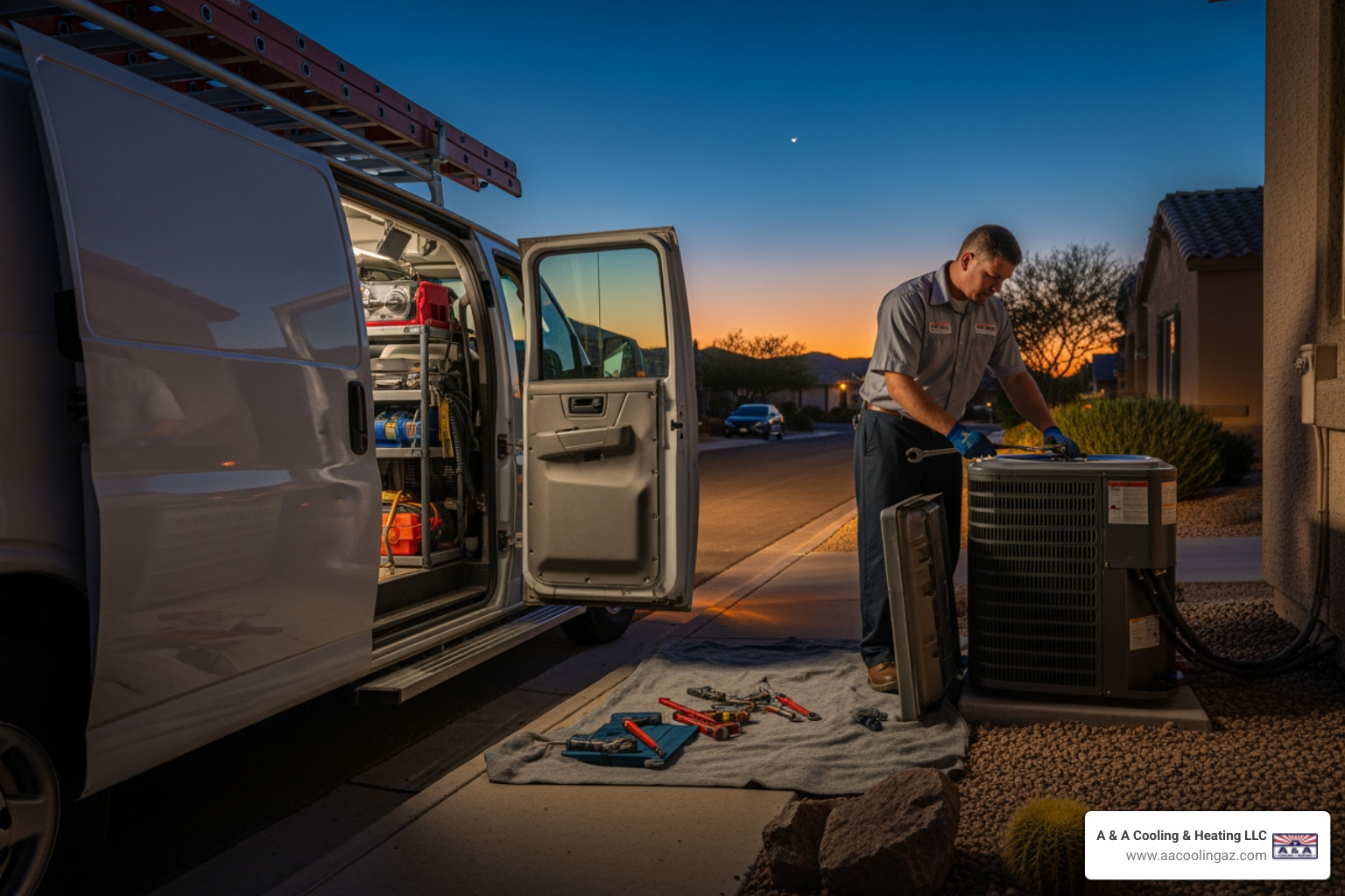 Infographic showing when to call for emergency AC service versus scheduling maintenance, including warning signs like no cold air, burning smells, loud noises, water leaks, and ice buildup, plus preventative maintenance timeline for Gilbert AZ climate - 24 hour ac maintenance in gilbert, az