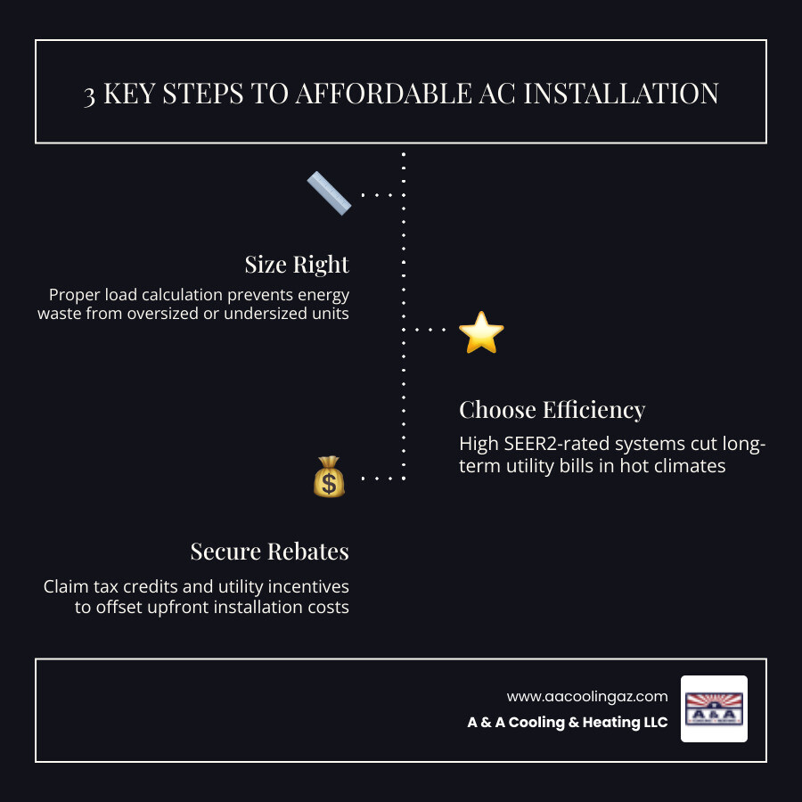 Infographic showing 5 steps to affordable AC installation in Gilbert AZ: get quotes, size correctly, choose efficiency, find Infographic showing 5 steps to affordable AC installation in Gilbert AZ: get quotes, size correctly, choose efficiency, find