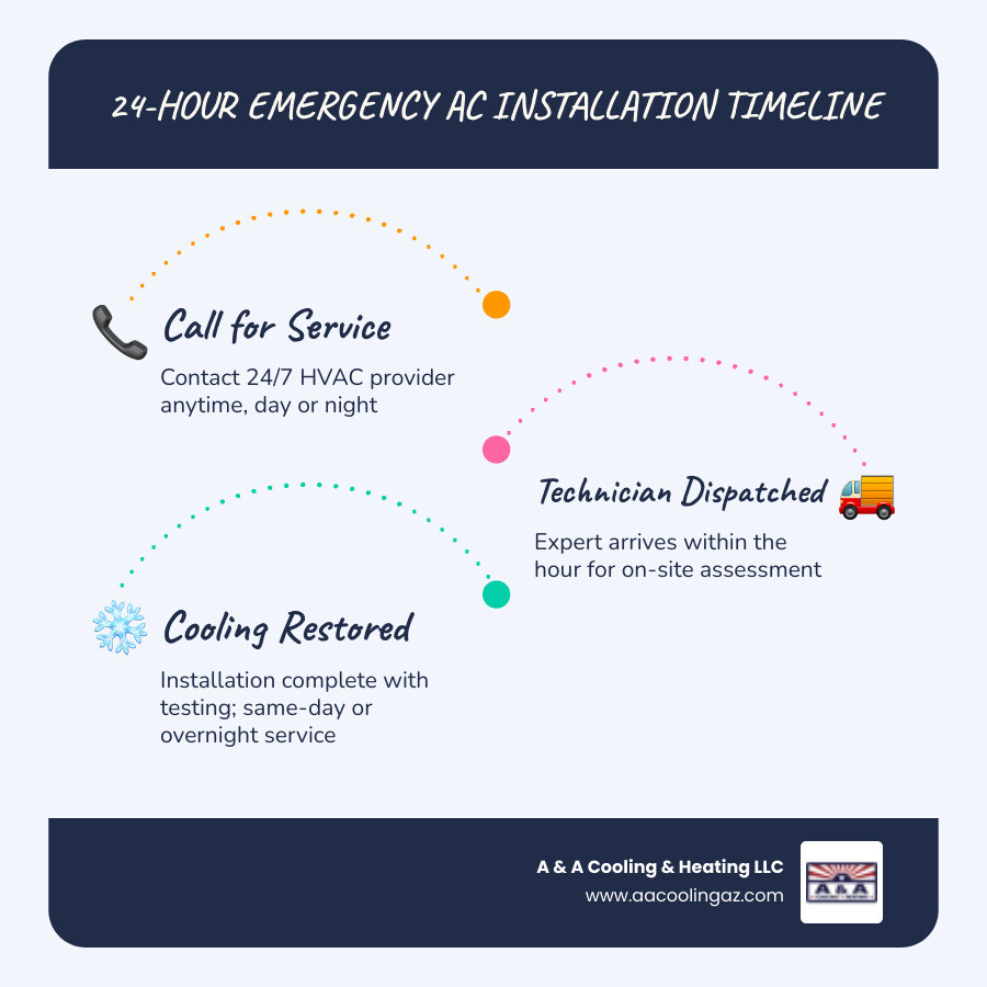 Infographic showing the 24-hour emergency AC installation timeline in Chandler AZ: Step 1 - Call for service (any time, day or night); Step 2 - Technician dispatched within the hour; Step 3 - On-site diagnostic and system assessment; Step 4 - Equipment sourced and installation begins; Step 5 - Performance testing and airflow verification; Step 6 - System running and home cooling restored, same day or overnight - 24 hour ac installation in chandler, az infographic infographic-line-3-steps-blues-accent_colors