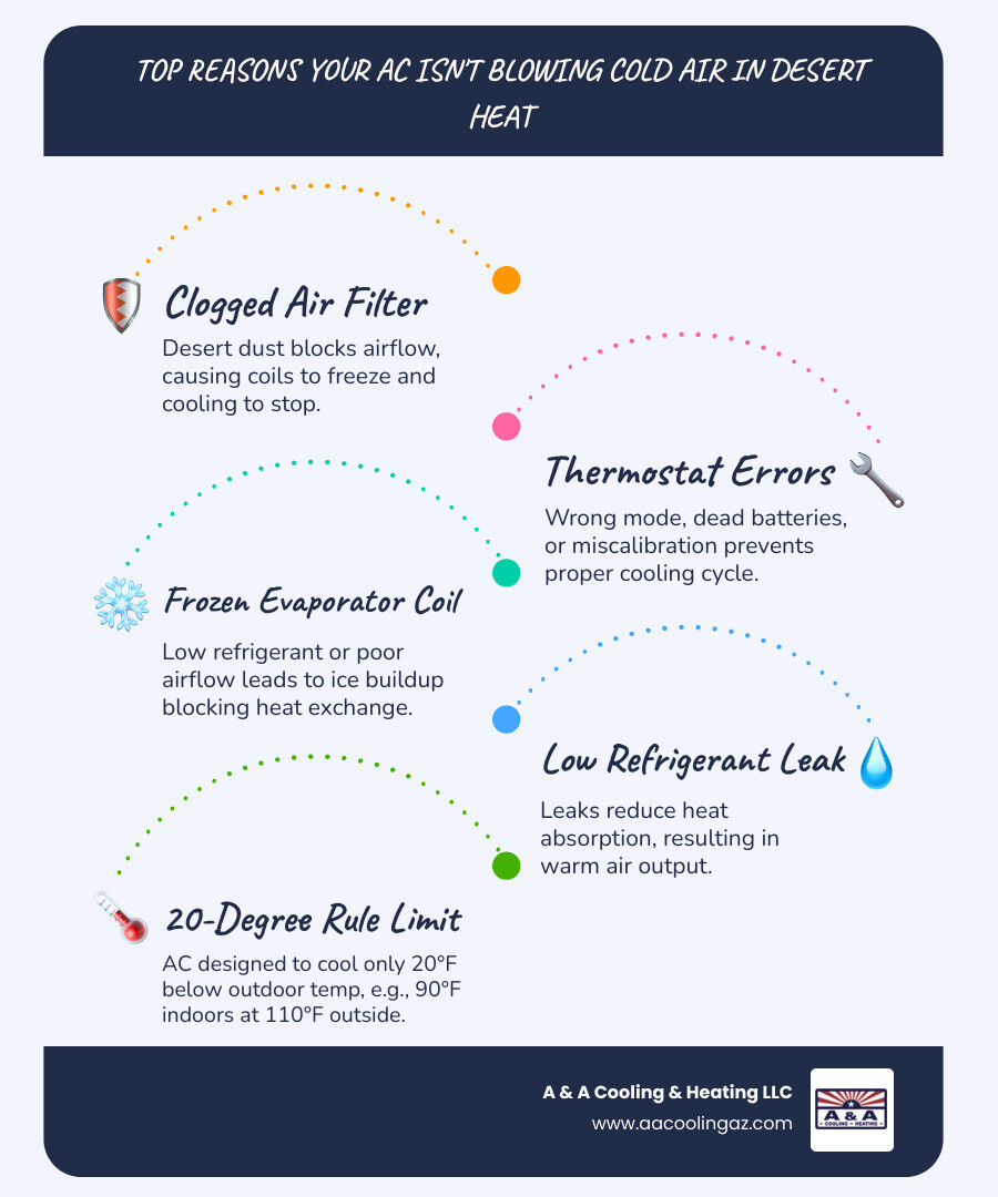 Infographic showing top reasons AC stops blowing cold air in desert heat with quick diagnostic steps - why is my ac not