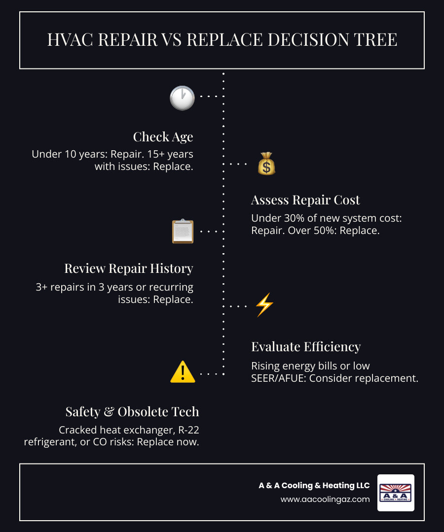 HVAC repair vs replacement decision tree infographic with age, cost, and efficiency thresholds - when to repair vs replace