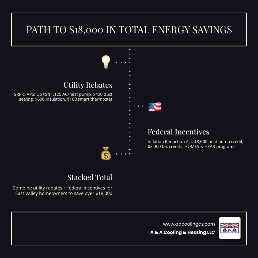 Infographic showing path to $18,000 in total East Valley energy savings stacking SRP APS and federal rebates - srp and aps