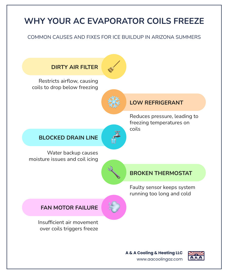 infographic explaining how evaporator coils freeze due to poor airflow or low refrigerant - ac troubleshooting tips before infographic explaining how evaporator coils freeze due to poor airflow or low refrigerant - ac troubleshooting tips before