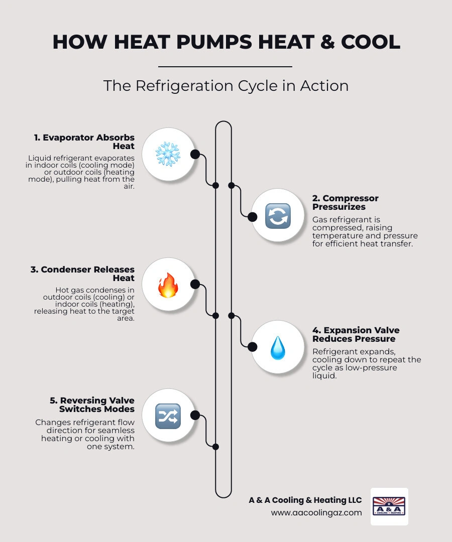 Infographic: Heat pump cycle showing summer cooling mode and winter heating mode with refrigerant flow infographic Infographic: Heat pump cycle showing summer cooling mode and winter heating mode with refrigerant flow infographic