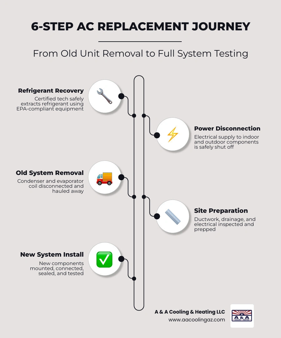 Infographic showing 6-step AC replacement journey from refrigerant recovery to final system testing - how your old ac is Infographic showing 6-step AC replacement journey from refrigerant recovery to final system testing - how your old ac is