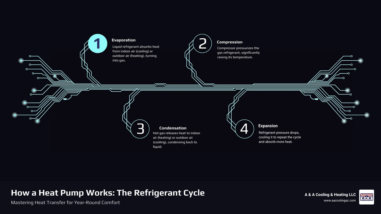 Infographic showing the basic four-phase heat pump cycle: evaporation, compression, condensation, expansion - how a heat Infographic showing the basic four-phase heat pump cycle: evaporation, compression, condensation, expansion - how a heat