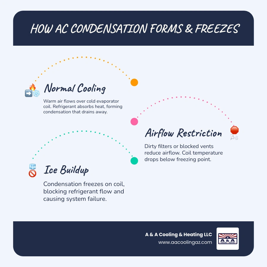 infographic showing how AC condensation forms and freezes on evaporator coils due to low airflow and low refrigerant - ice infographic showing how AC condensation forms and freezes on evaporator coils due to low airflow and low refrigerant - ice