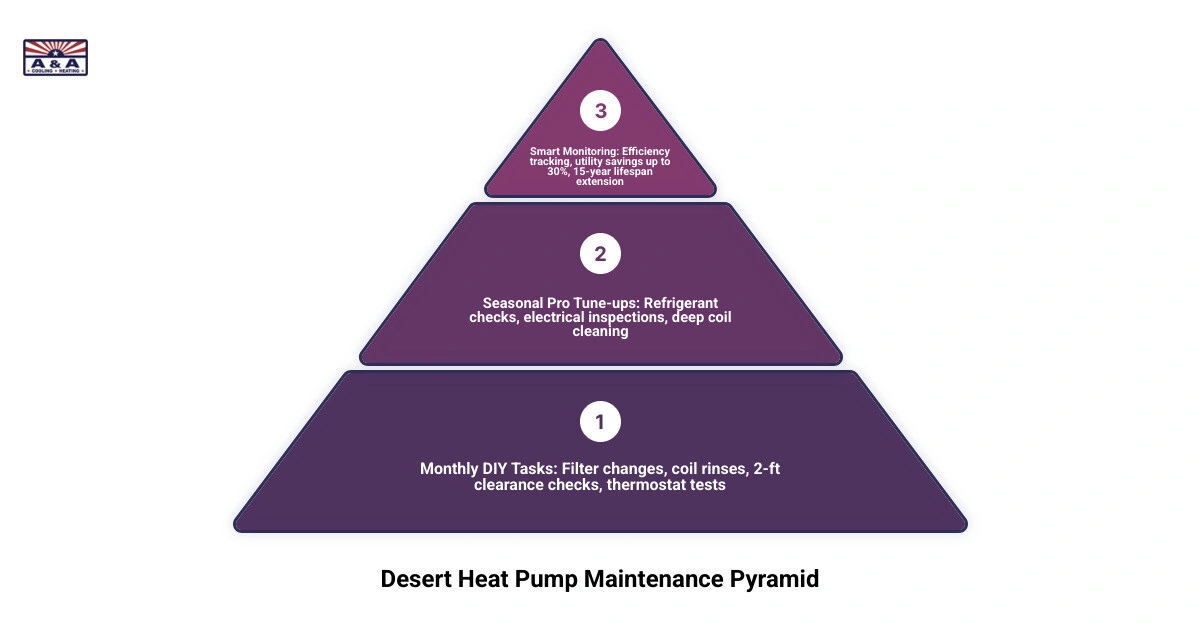 Infographic showing the desert heat pump maintenance cycle with monthly DIY tasks and seasonal professional service steps Infographic showing the desert heat pump maintenance cycle with monthly DIY tasks and seasonal professional service steps