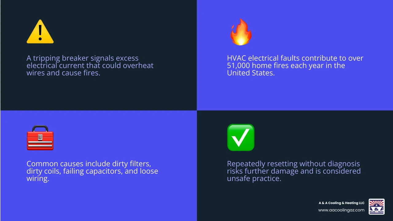 Infographic showing 6 common reasons an AC circuit breaker keeps tripping and what each cause means infographic Infographic showing 6 common reasons an AC circuit breaker keeps tripping and what each cause means infographic