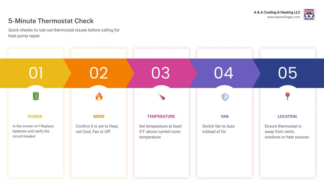 5-minute thermostat troubleshooting checklist for heat pump systems with steps for power, mode, temperature, fan, and 5-minute thermostat troubleshooting checklist for heat pump systems with steps for power, mode, temperature, fan, and