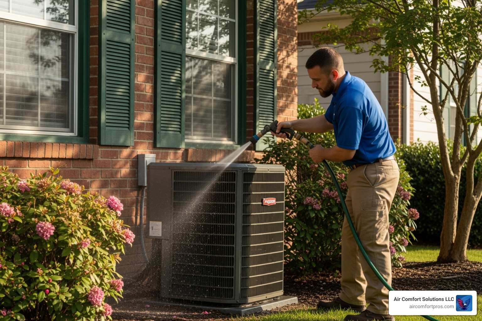 technician cleaning an outdoor condenser unit - ac service houston