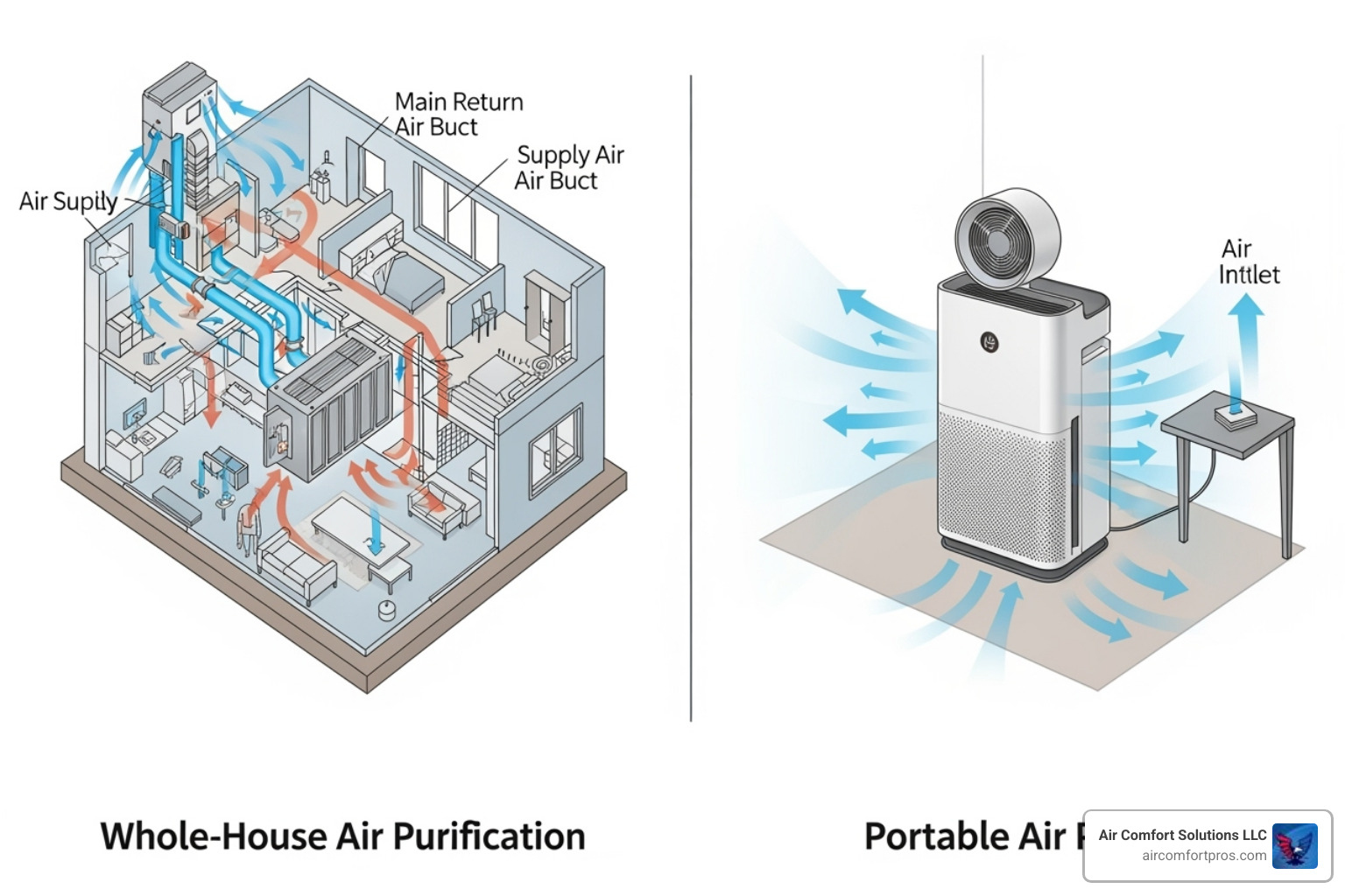 Diagram showing a whole-house air purifier integrated into an HVAC system versus a standalone portable unit in a room - Air purification system