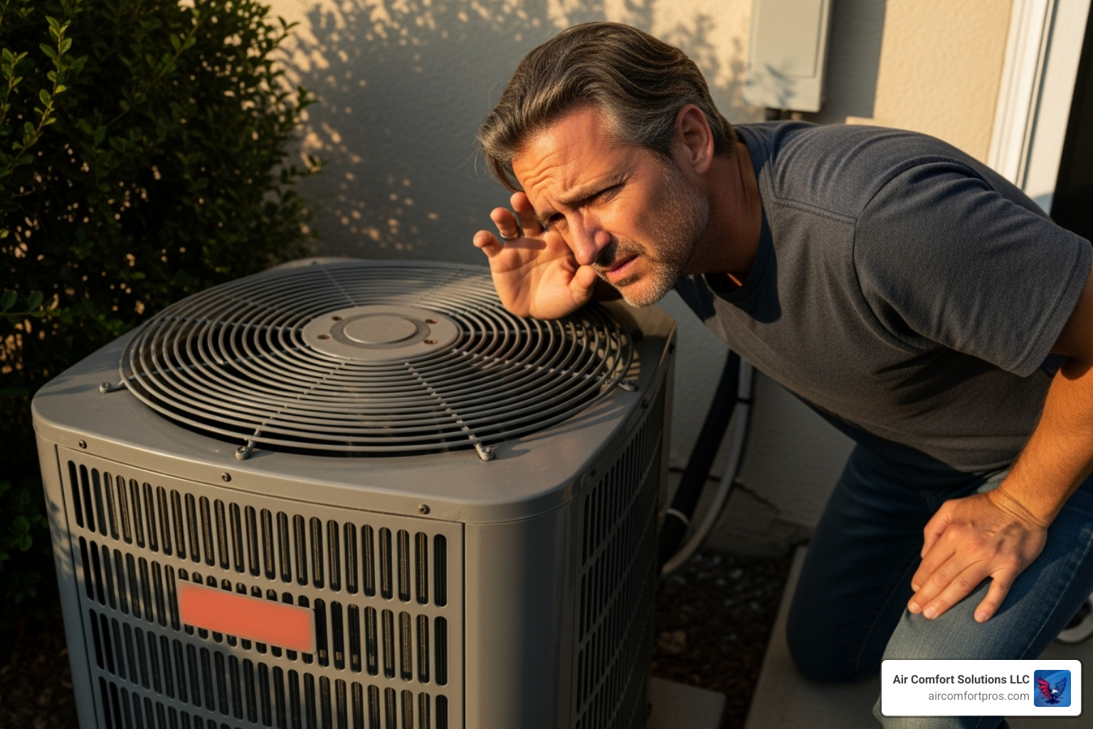 Homeowner listening to noisy AC unit - AC maintenance The Woodlands