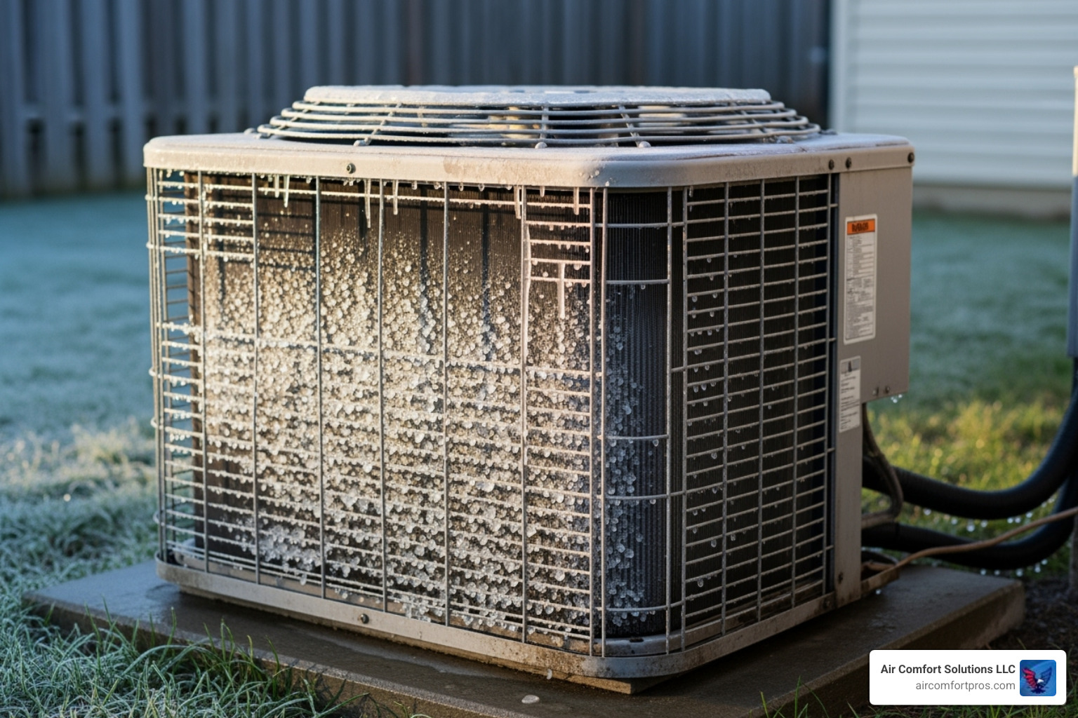 An outdoor AC unit with frost on the coils, indicating a common HVAC problem - Conroe HVAC services
