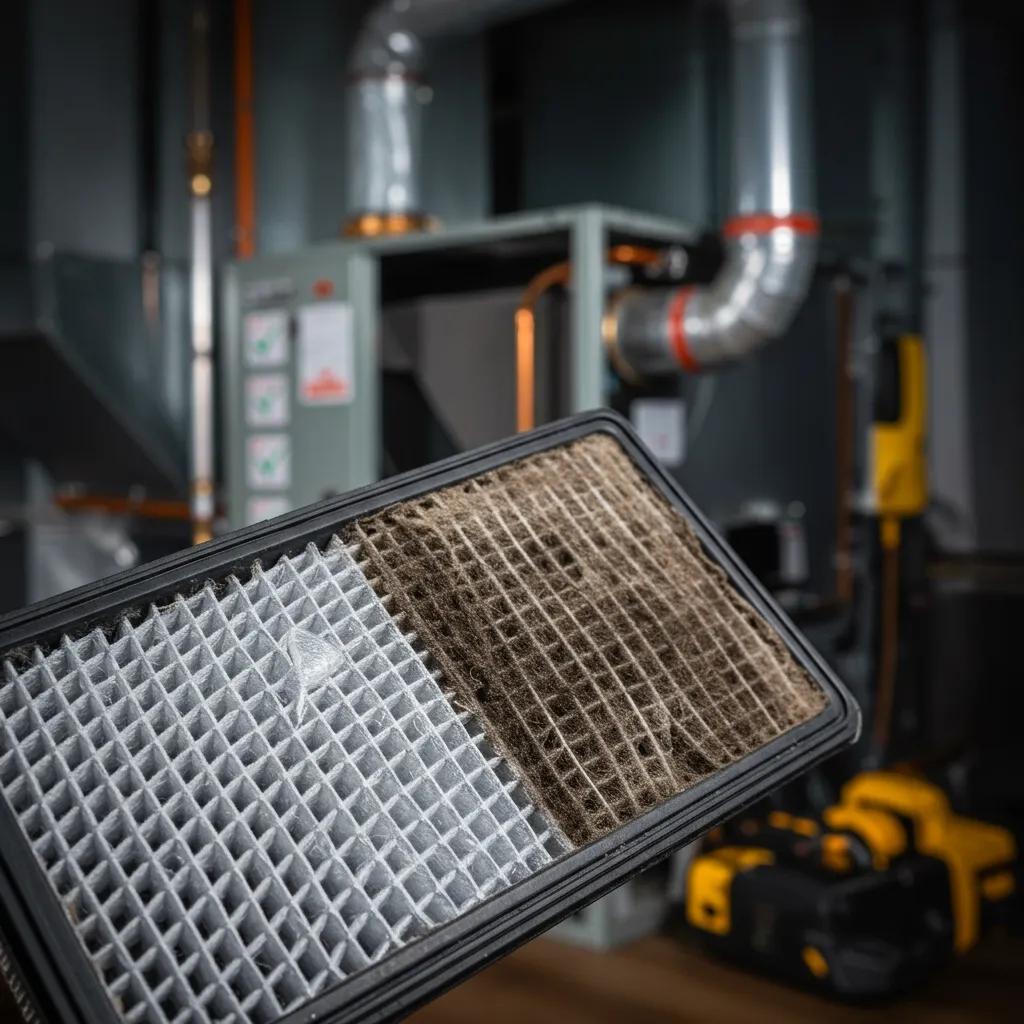 Side-by-side: a clean filter and a dirty filter to show the impact of maintenance on efficiency and bills