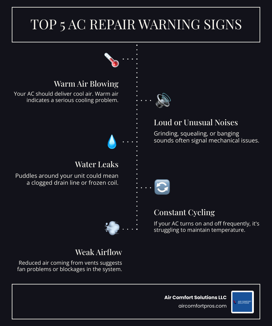 Infographic showing 7 warning signs your AC needs immediate repair: warm air from vents, weak airflow, loud noises, water leaks, constant cycling, high humidity, and unusual odors, with simple icons for each - ac repair in pinehurst, tx infographic infographic-line-5-steps-dark