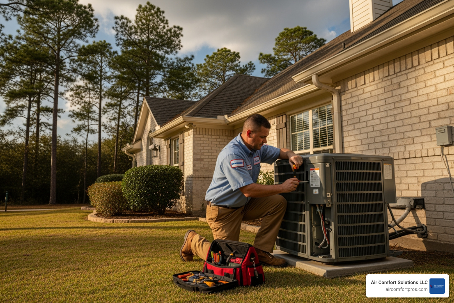 infographic showing three critical AC warning signs: no cold air with temperature icon, unusual loud noises with sound wave symbol, and water leaks with droplet icon, each with brief description of when to call for immediate service - ac repair home in pinehurst, tx