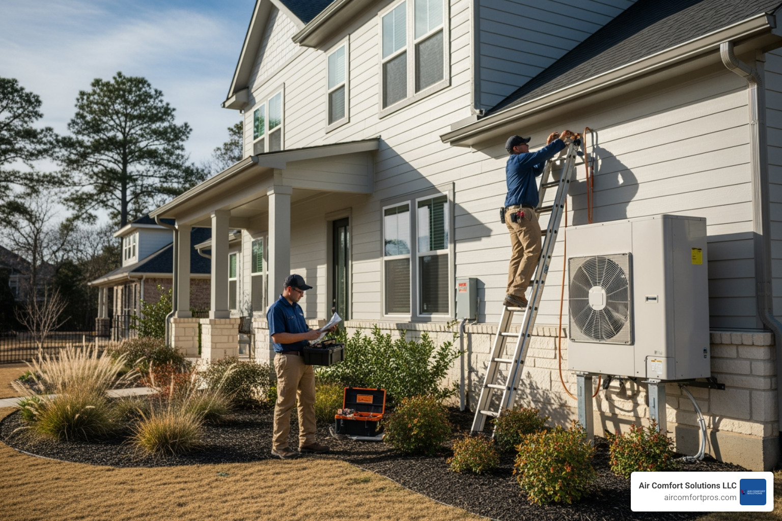 Infographic showing the heat pump installation process: 1. Home assessment and load calculation, 2. System sizing and equipment selection, 3. Ductwork inspection and modification if needed, 4. Old system removal and disposal, 5. New heat pump installation with proper refrigerant lines, 6. Electrical connections and thermostat setup, 7. System testing and performance verification, 8. Homeowner walkthrough and maintenance guidance - heat pump installation in pinehurst, tx