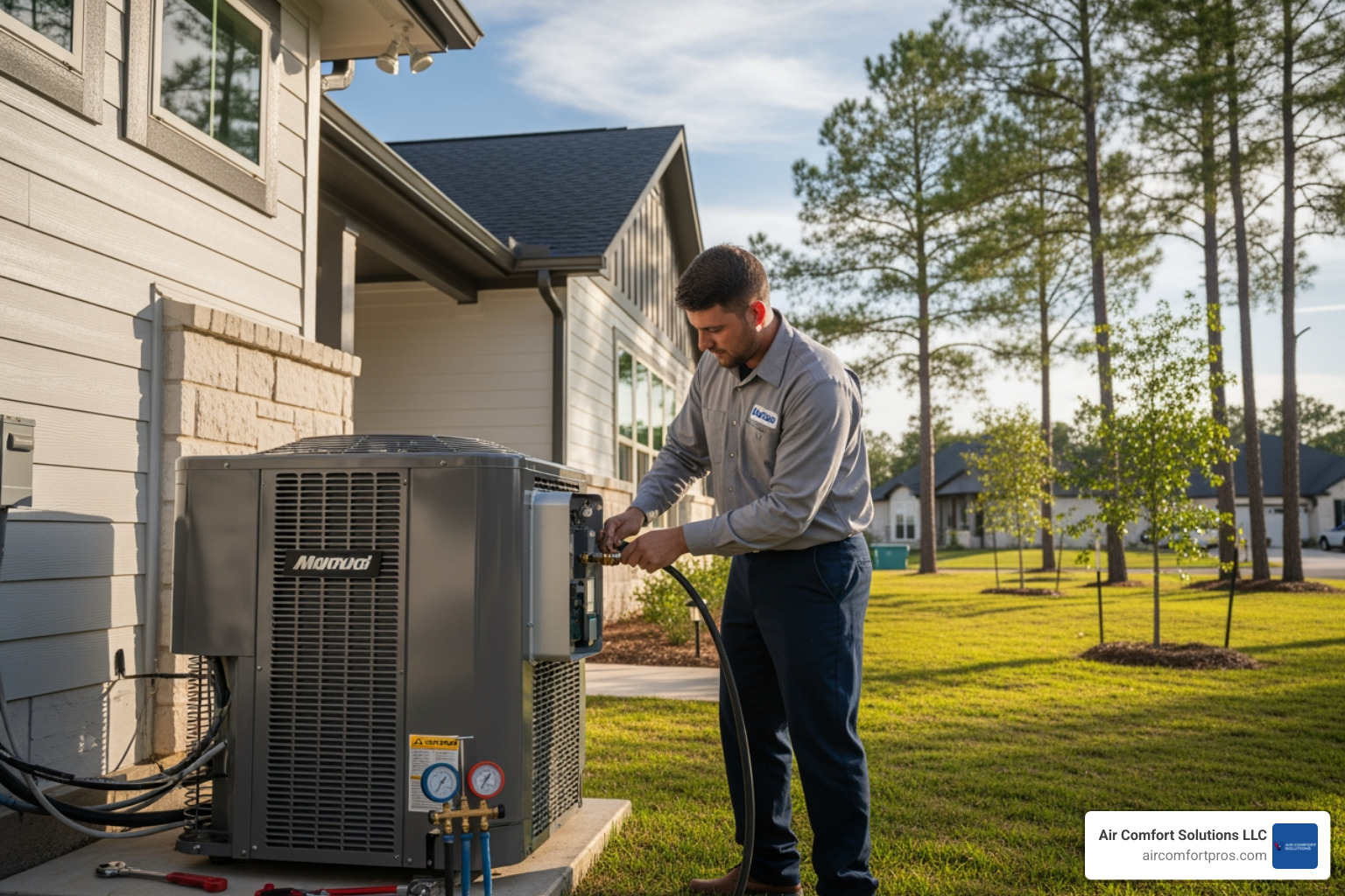 Infographic showing the heat pump process: outdoor unit extracting heat from outside air, refrigerant lines carrying heat energy, indoor unit distributing warm or cool air throughout the home, with arrows indicating heat transfer direction for both heating and cooling modes, plus callouts highlighting energy efficiency benefits and year-round comfort - heat pump installation in pinehurst, tx