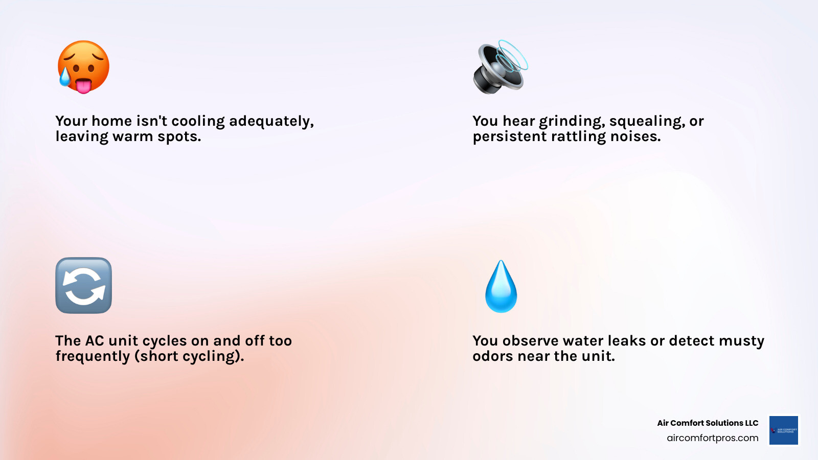 infographic showing top 5 signs your AC needs repair: insufficient cooling, unusual noises like grinding or squealing, poor airflow, frequent on-off cycling, and water leaks or musty odors - ac service best in spring, tx infographic 4_facts_emoji_light-gradient