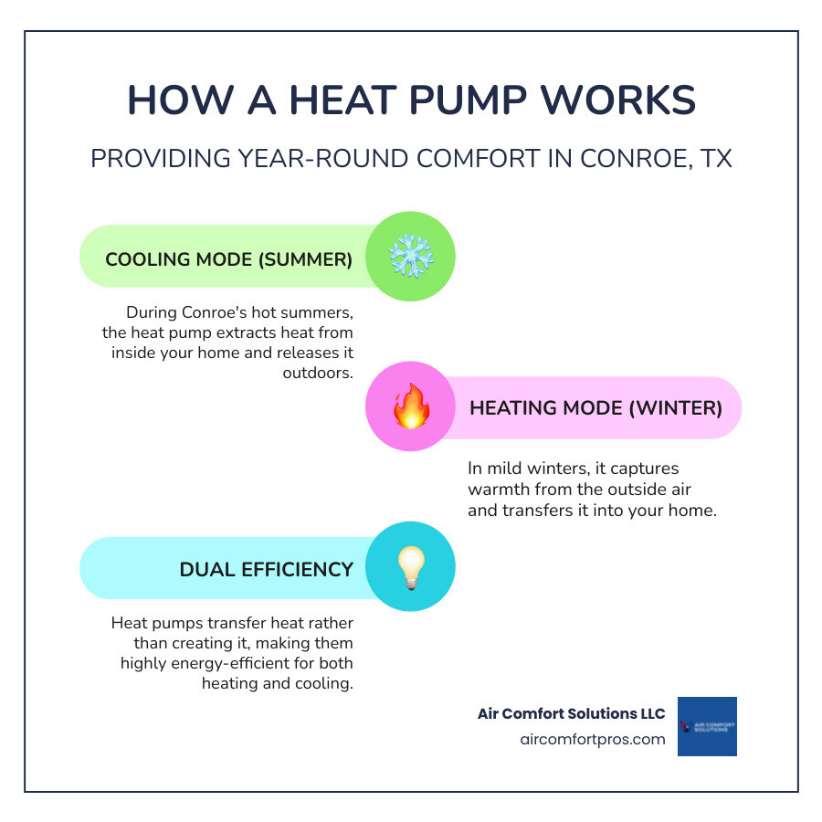 infographic showing how a heat pump transfers heat between indoors and outdoors in both summer and winter, with arrows indicating heat flow direction and labels for heating mode and cooling mode - heat pump installation best in conroe, tx infographic infographic-line-3-steps-colors