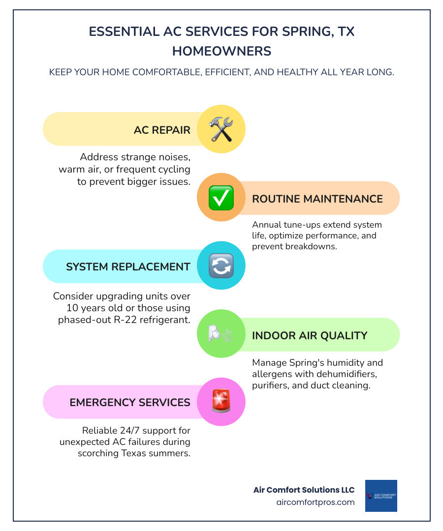 infographic showing AC service options including repair signs, maintenance benefits, replacement factors, and IAQ solutions for Spring TX homeowners - ac service in spring, tx infographic infographic-line-5-steps-colors