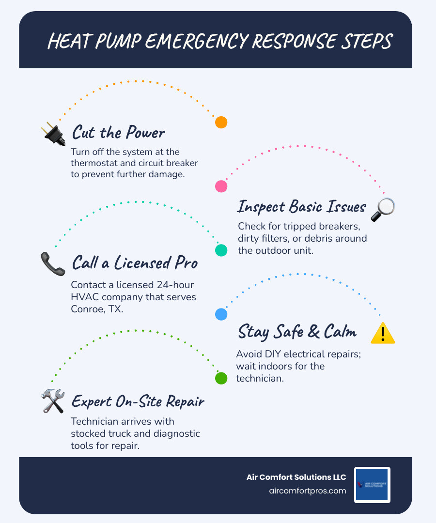 infographic showing heat pump emergency response steps for Conroe homeowners: step 1 turn off power at thermostat and breaker, step 2 check filter and outdoor unit for debris, step 3 call licensed 24 hour HVAC company, step 4 wait safely indoors while avoiding DIY electrical work, step 5 technician arrives with stocked truck and diagnostic tools - heat pump repair 24 hour in conroe, tx infographic infographic-line-5-steps-blues-accent_colors