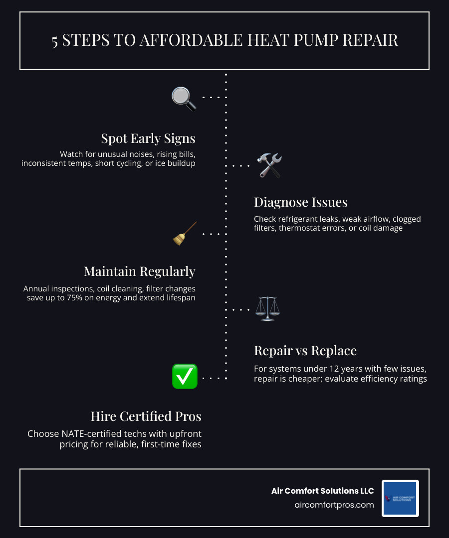 Infographic showing how to get affordable heat pump repair in Conroe TX: 5-step visual guide including early warning signs like unusual noises and rising bills, a checklist of common issues such as refrigerant leaks and short cycling, a comparison of repair vs. replacement decision factors based on system age and cost, benefits of regular maintenance including energy savings up to 75%, and tips for choosing a certified local HVAC technician with upfront pricing and satisfaction guarantees - heat pump repair affordable in conroe, tx infographic infographic-line-5-steps-dark Infographic showing how to get affordable heat pump repair in Conroe TX: 5-step visual guide including early warning signs like unusual noises and rising bills, a checklist of common issues such as refrigerant leaks and short cycling, a comparison of repair vs. replacement decision factors based on system age and cost, benefits of regular maintenance including energy savings up to 75%, and tips for choosing a certified local HVAC technician with upfront pricing and satisfaction guarantees - heat pump repair affordable in conroe, tx infographic infographic-line-5-steps-dark