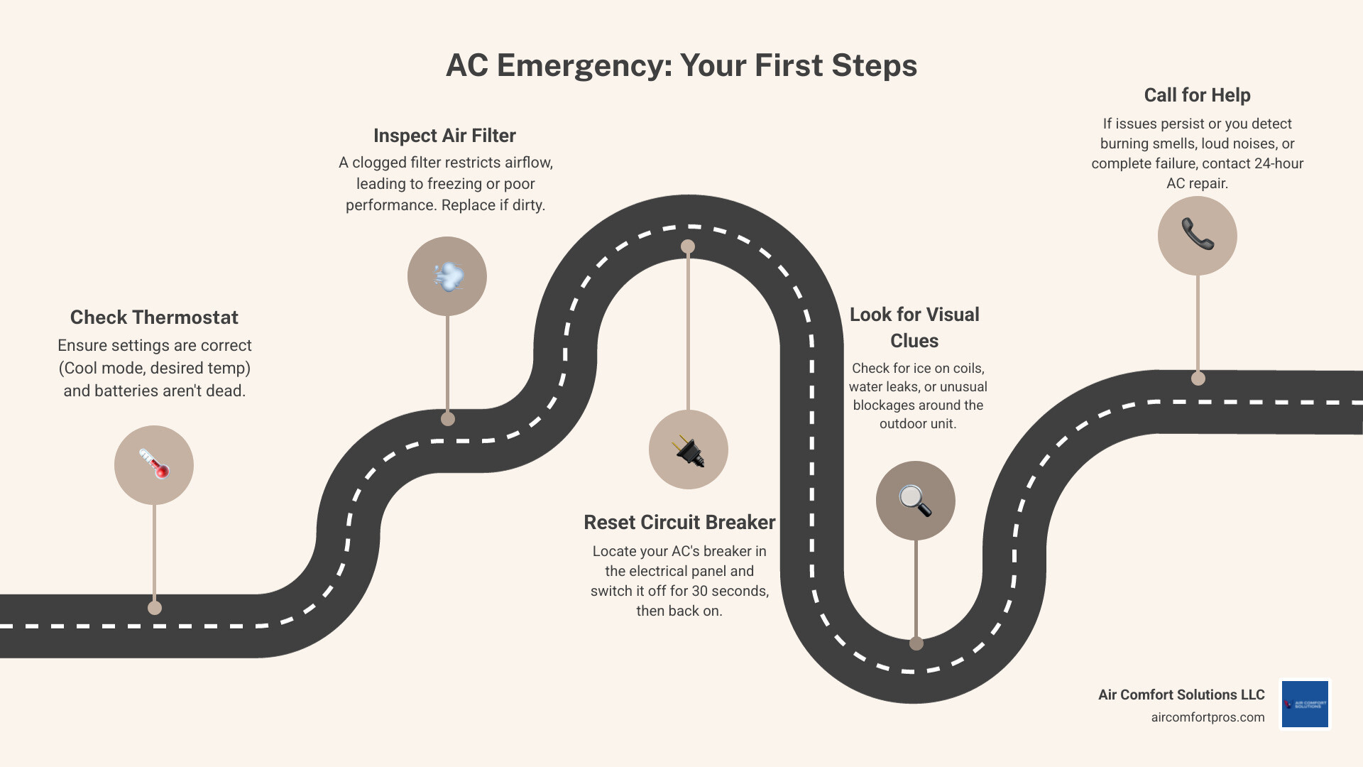 Infographic showing emergency AC failure warning signs including ice on copper pipes, unusual grinding or buzzing noises, burning smells, warm air from vents, water leaks around the indoor unit, and circuit breaker trips, plus immediate steps: check thermostat settings, inspect air filter, verify circuit breaker, and call 24-hour emergency service if issues persist - ac repair 24 hour in spring, tx infographic roadmap-5-steps Infographic showing emergency AC failure warning signs including ice on copper pipes, unusual grinding or buzzing noises, burning smells, warm air from vents, water leaks around the indoor unit, and circuit breaker trips, plus immediate steps: check thermostat settings, inspect air filter, verify circuit breaker, and call 24-hour emergency service if issues persist - ac repair 24 hour in spring, tx infographic roadmap-5-steps