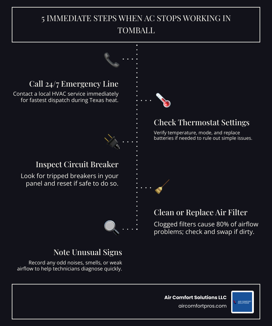 Infographic showing 5 immediate steps when AC stops working in Tomball: 1) Call 24/7 emergency line 2) Check thermostat settings and batteries 3) Inspect circuit breaker for trips 4) Replace or clean air filter 5) Note any unusual sounds or smells for technician - ac repair emergency in tomball, tx infographic infographic-line-5-steps-dark Infographic showing 5 immediate steps when AC stops working in Tomball: 1) Call 24/7 emergency line 2) Check thermostat settings and batteries 3) Inspect circuit breaker for trips 4) Replace or clean air filter 5) Note any unusual sounds or smells for technician - ac repair emergency in tomball, tx infographic infographic-line-5-steps-dark